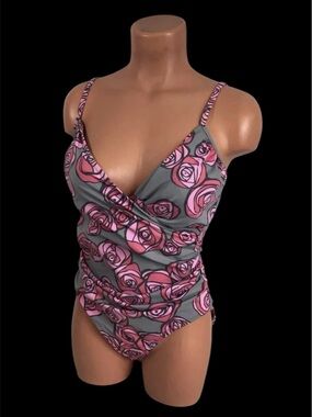 Garnet Hill Floral 2 Pc Swimsuit Womens Size 10 EUC Gray With Pink Roses